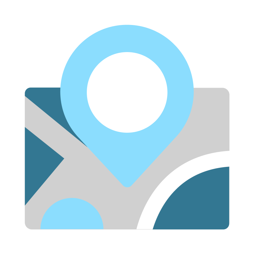 Illustration of a white and light blue location icon over a rectangular map in white, light gray, light blue and teal