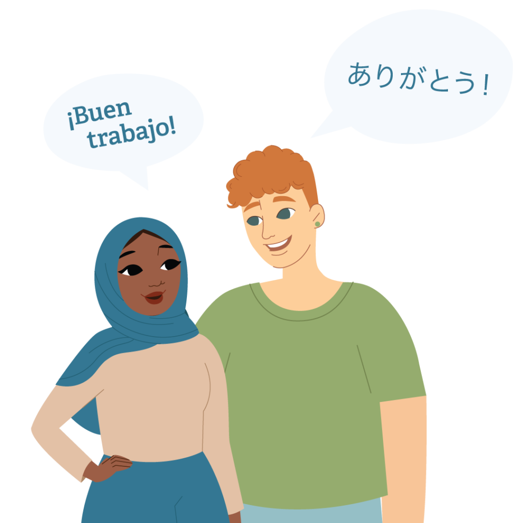 Illustration of a brown woman with one hand on one hip wearing a teal hijab, a tan long-sleeve top and a teal skirt looking up at a white man with short curly ginger hair wearing a green t-shirt and light blue pants standing next to her and smiling at her. Two light gray message bubbles on top of them, one showing a teal color message in Spanish and the other message in Japanese.