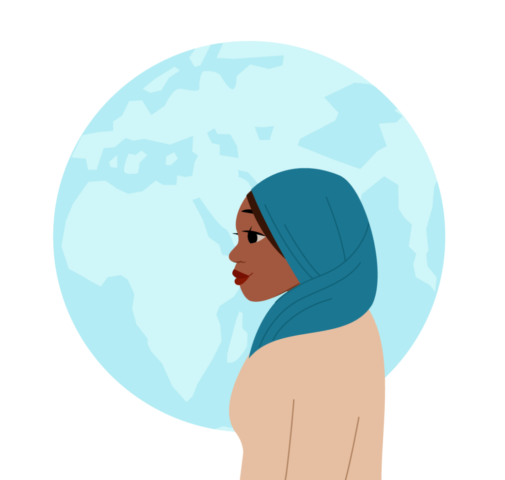 Ilustración de una mujer de piel morena que mira de lado y lleva un hiyab de color verde azulado y una polera de manga larga de color canela. El fondo muestra un globo terráqueo de color aguamarina y celeste.
